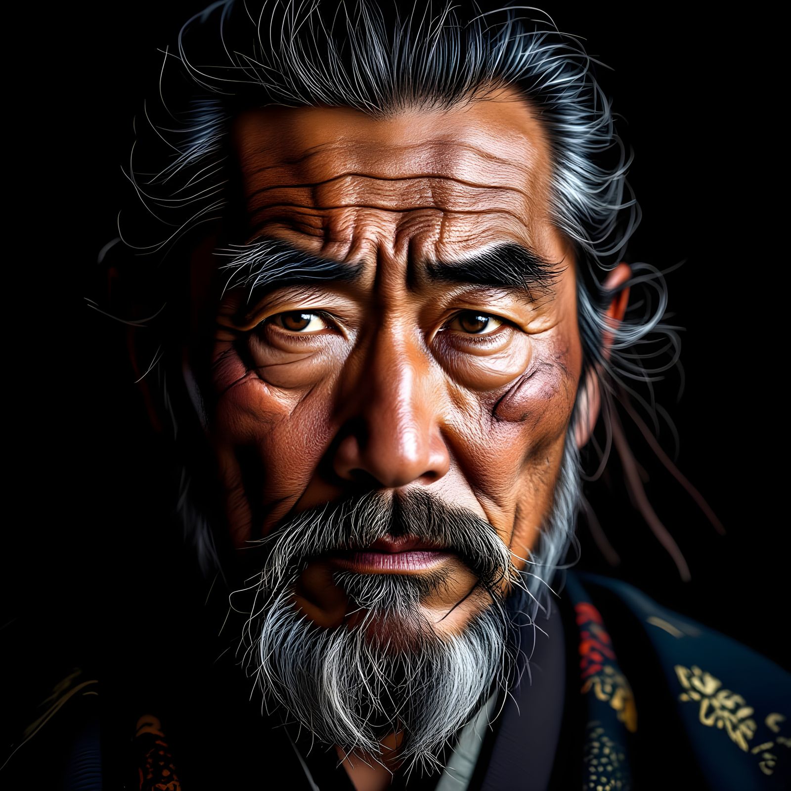 Ancient Samurai Portrait in Dramatic Chiaroscuro Lighting