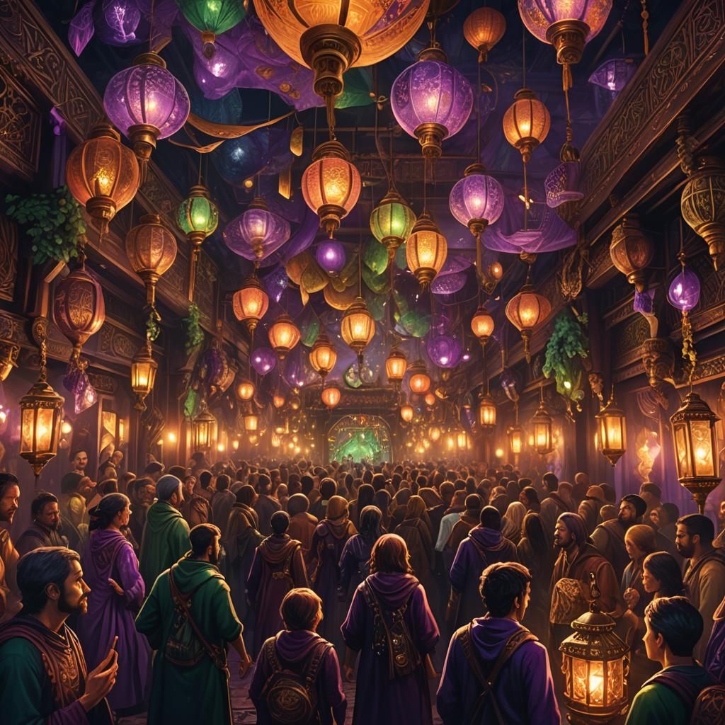 Fantastical Gathering in Ornate Room with Golden Light