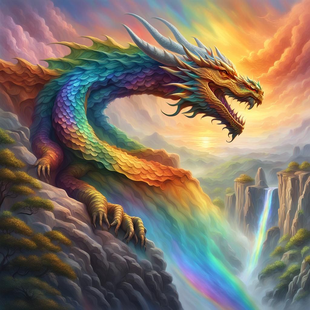 Majestic Rainbow Dragon on Misty Cliff in Oil Painting Style