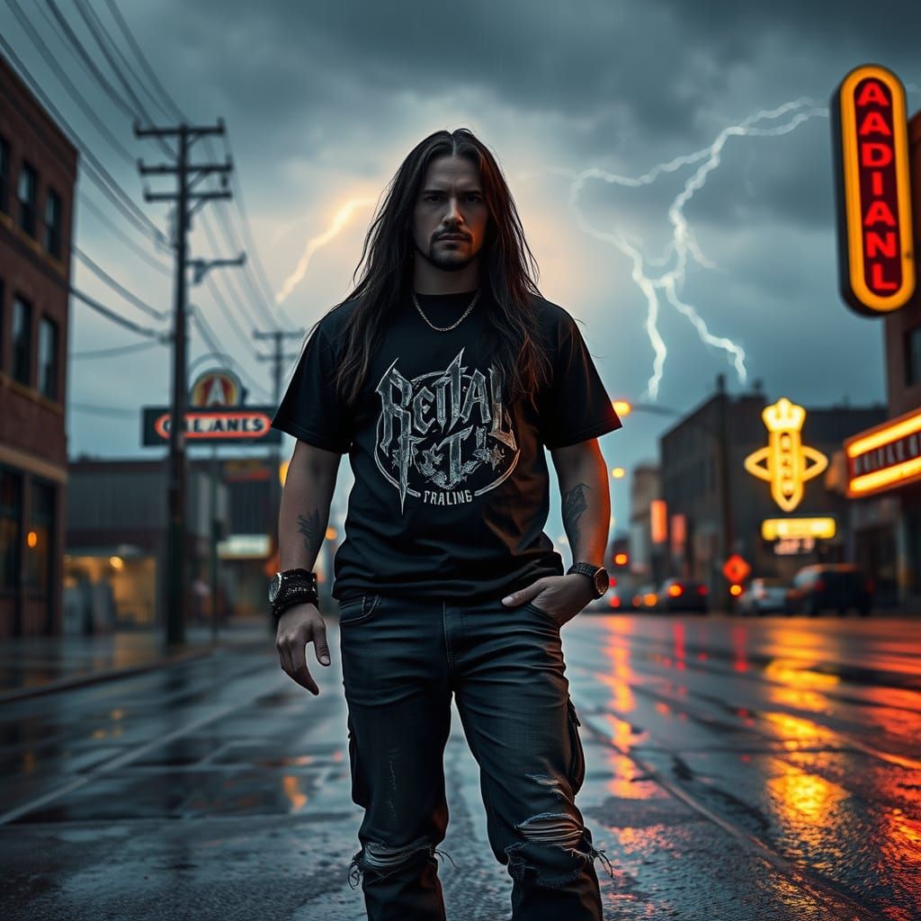 Gritty Metalhead on Urban Street in Noir Style