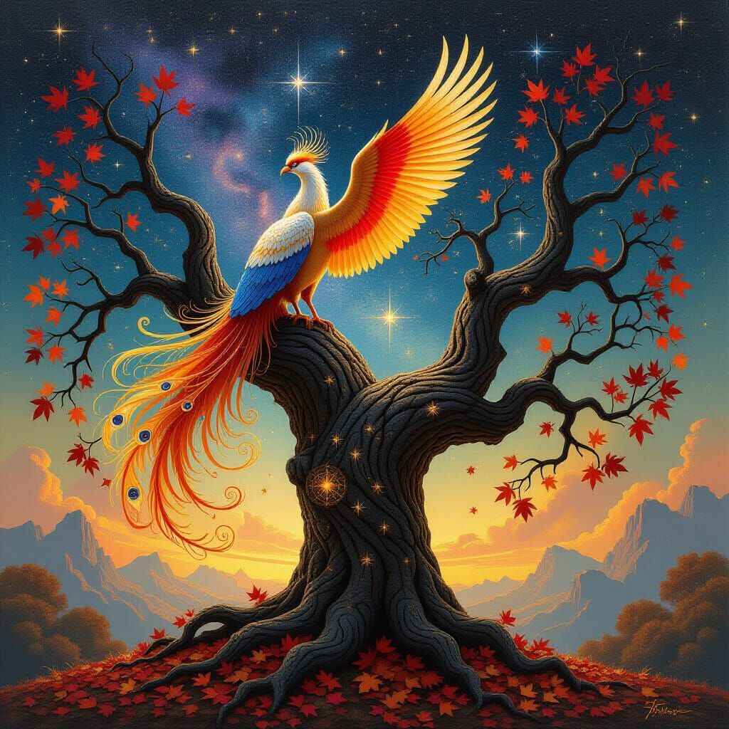 Celestial Phoenix on Cosmic Tree in Dark Surrealism Style