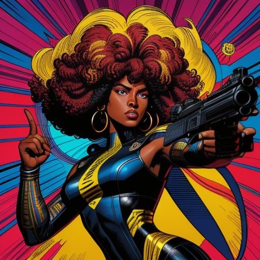 Vibrant 1970s Afro Woman in Dynamic Comic Book Art