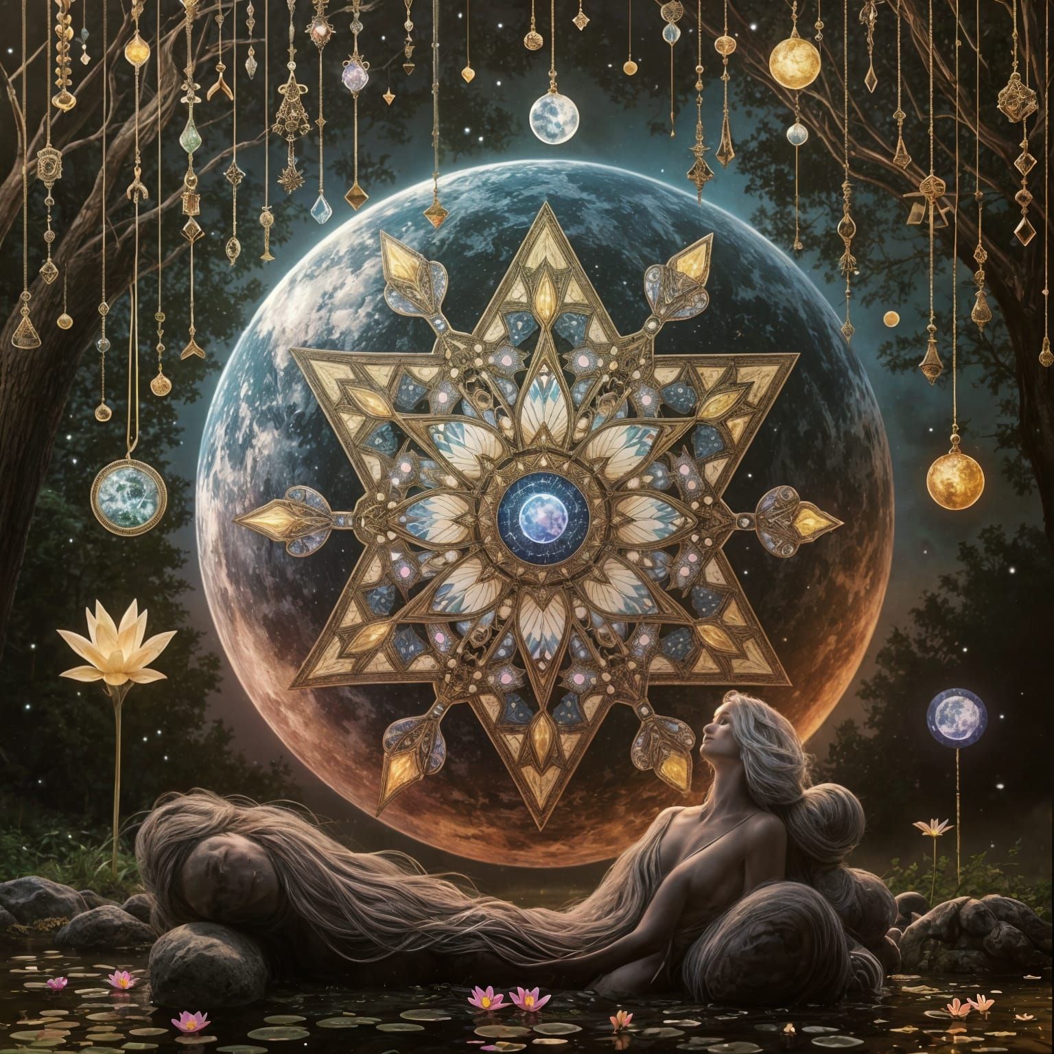 Ethereal Woman Meditating by Water in Fantasy Style