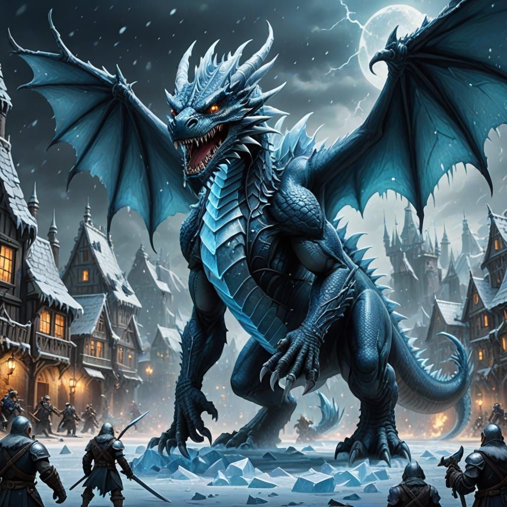 Ice Dragon Freezes Goblin City in Epic Fantasy Art
