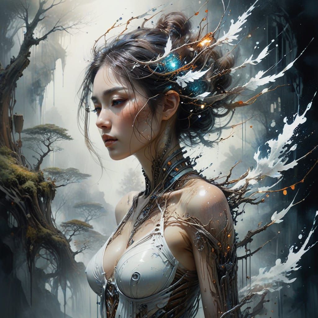 Serene Biomechanical Goddess in a Dreamlike Landscape
