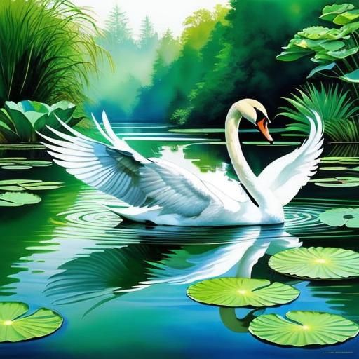 Swan Shaking Wings on Emerald Lake in Watercolor