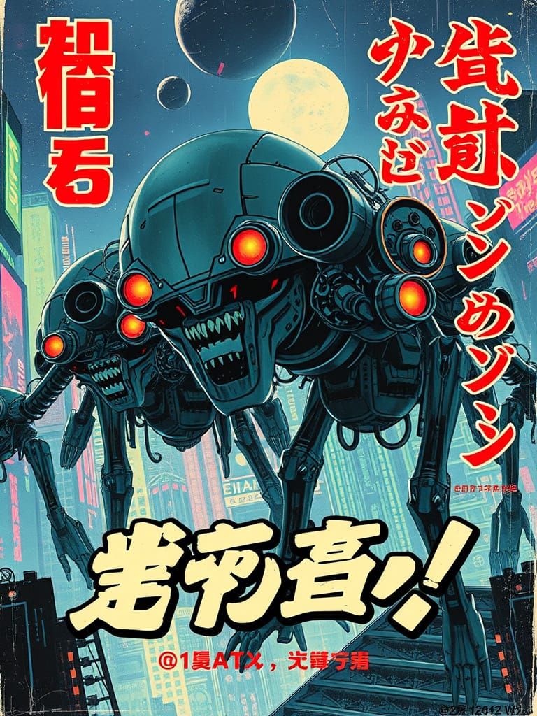 Retro Futuristic Japanese Robots in Neon City