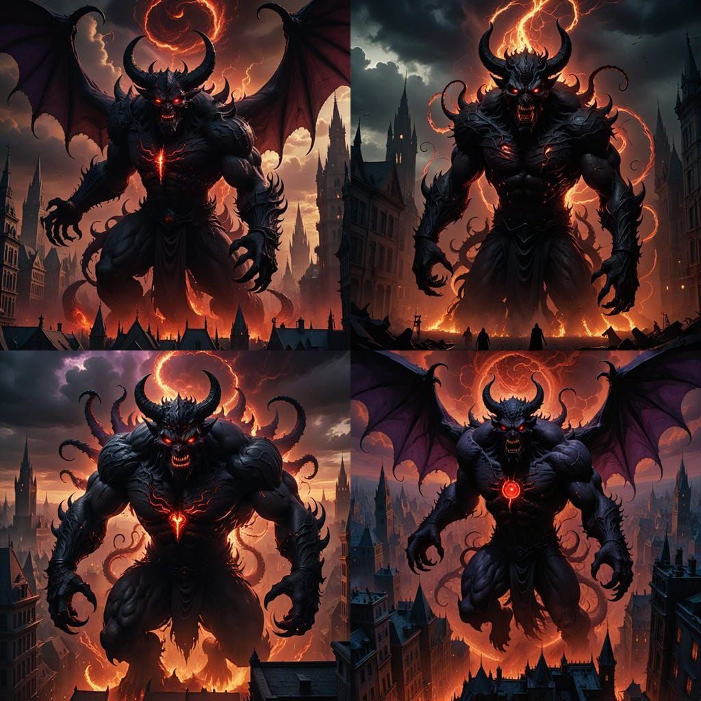 Shadowy Demon Rises From Hell Vortex Above Gothic City