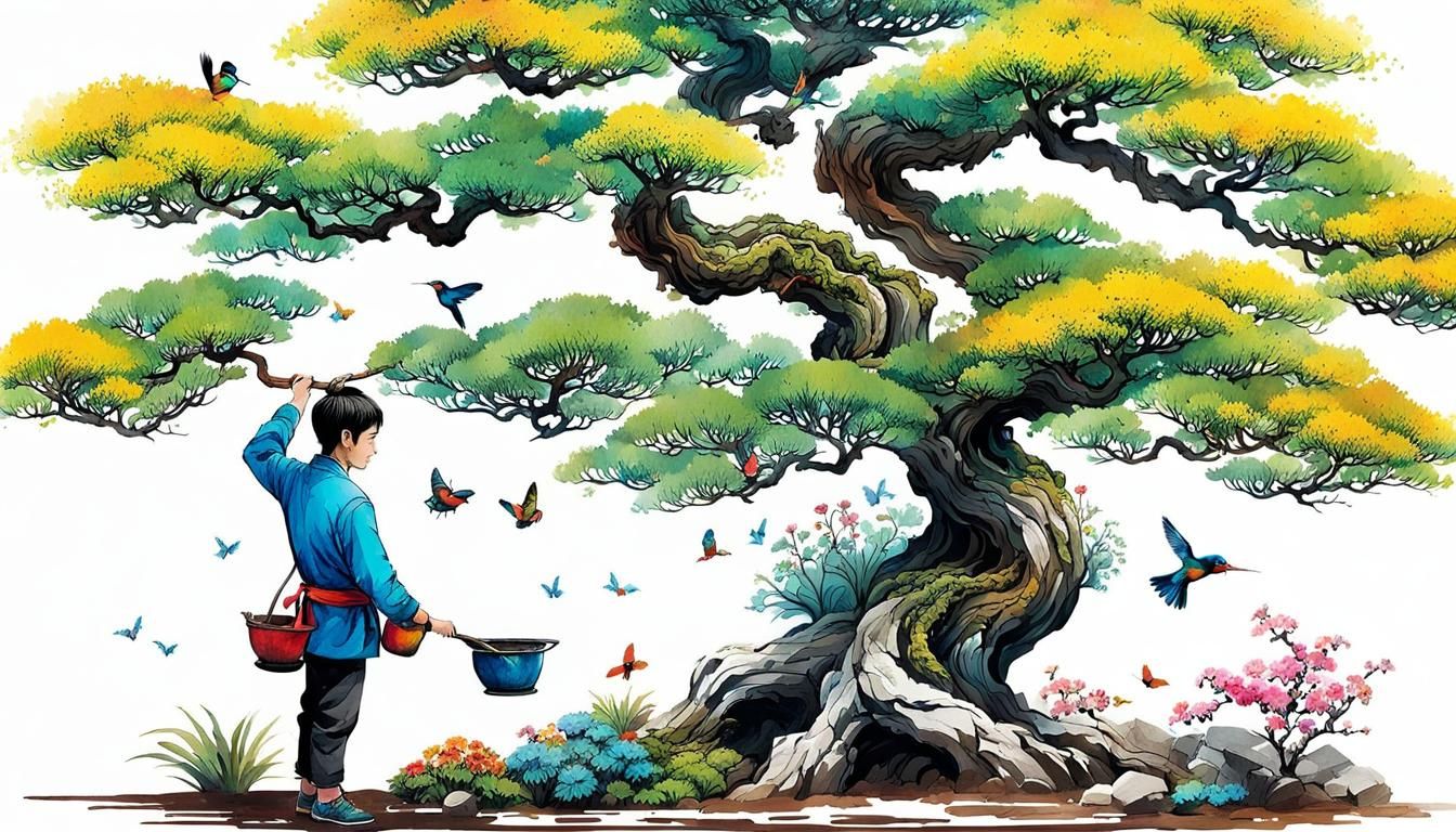 Imperial Gardener Pruning Bonsai in Qing Dynasty Palace