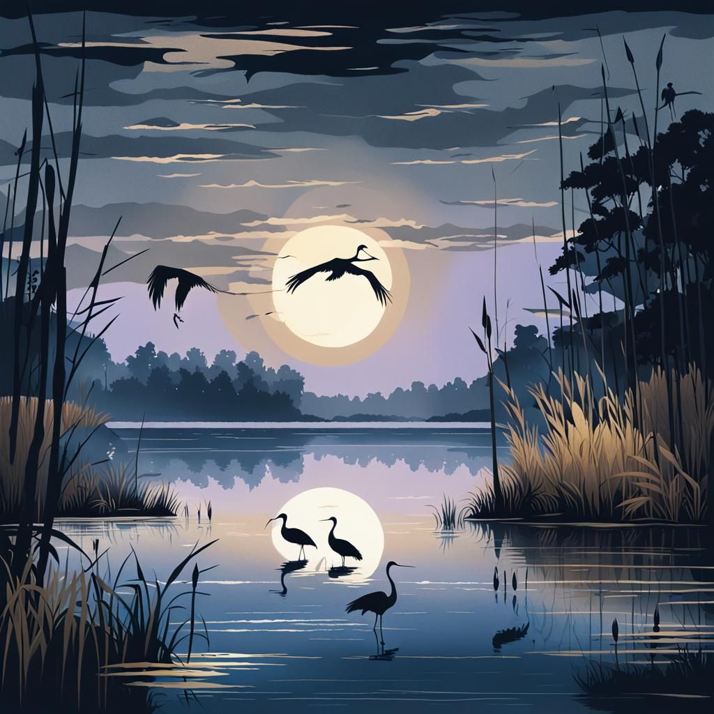 Cranes in Evening Light: Dark Fantasy Illustration