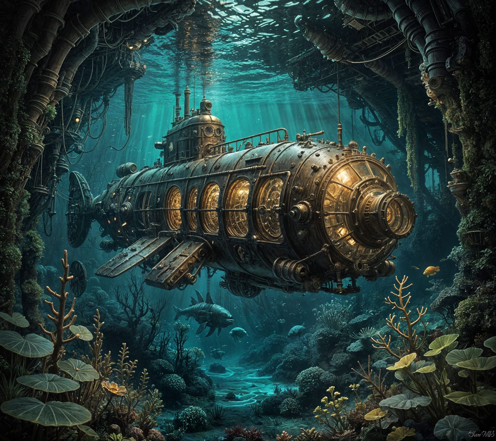 Intricate Steampunk Submarine Explores Bioluminescent Depths