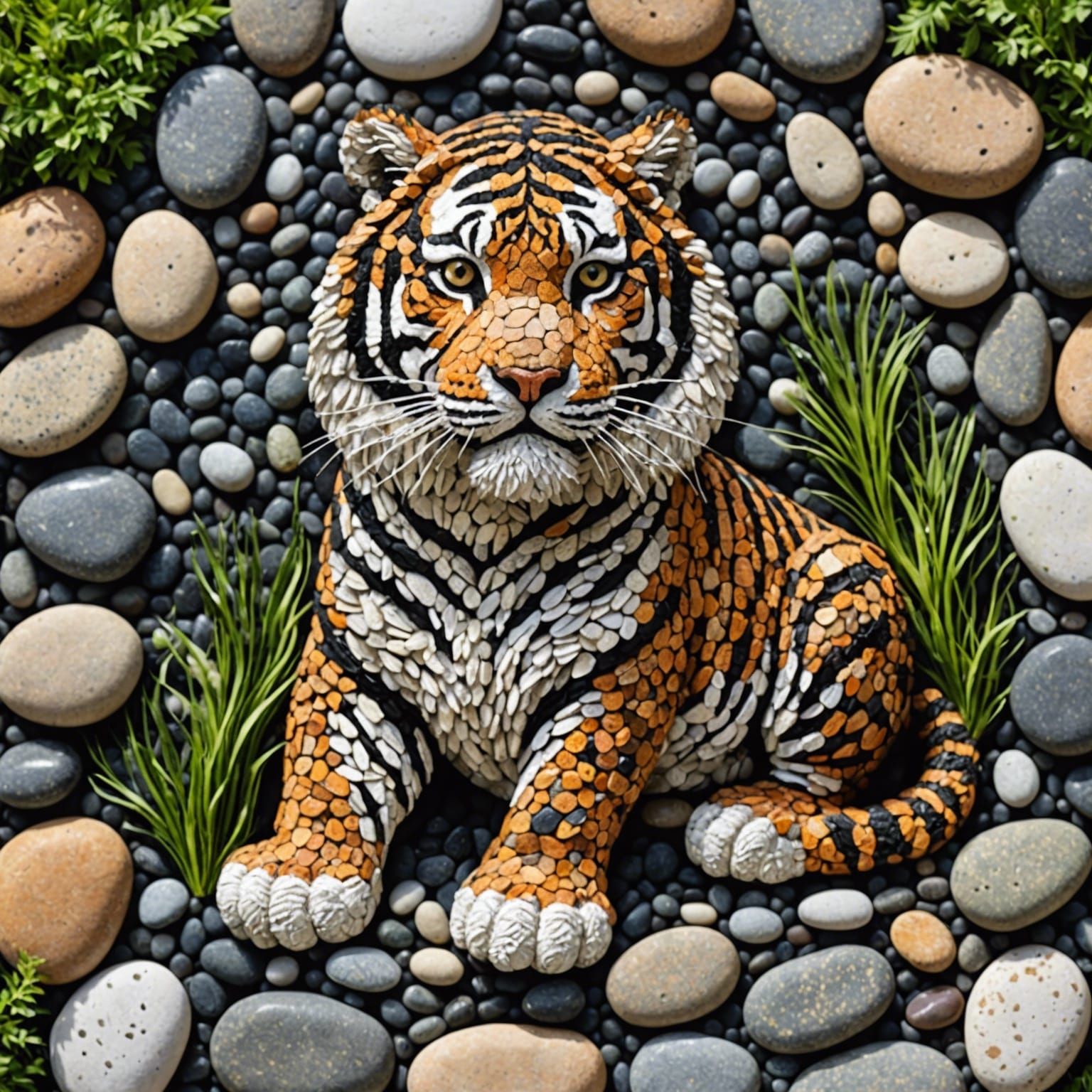 Pebble Art Tiger with Seaweed Mane in Impasto Style