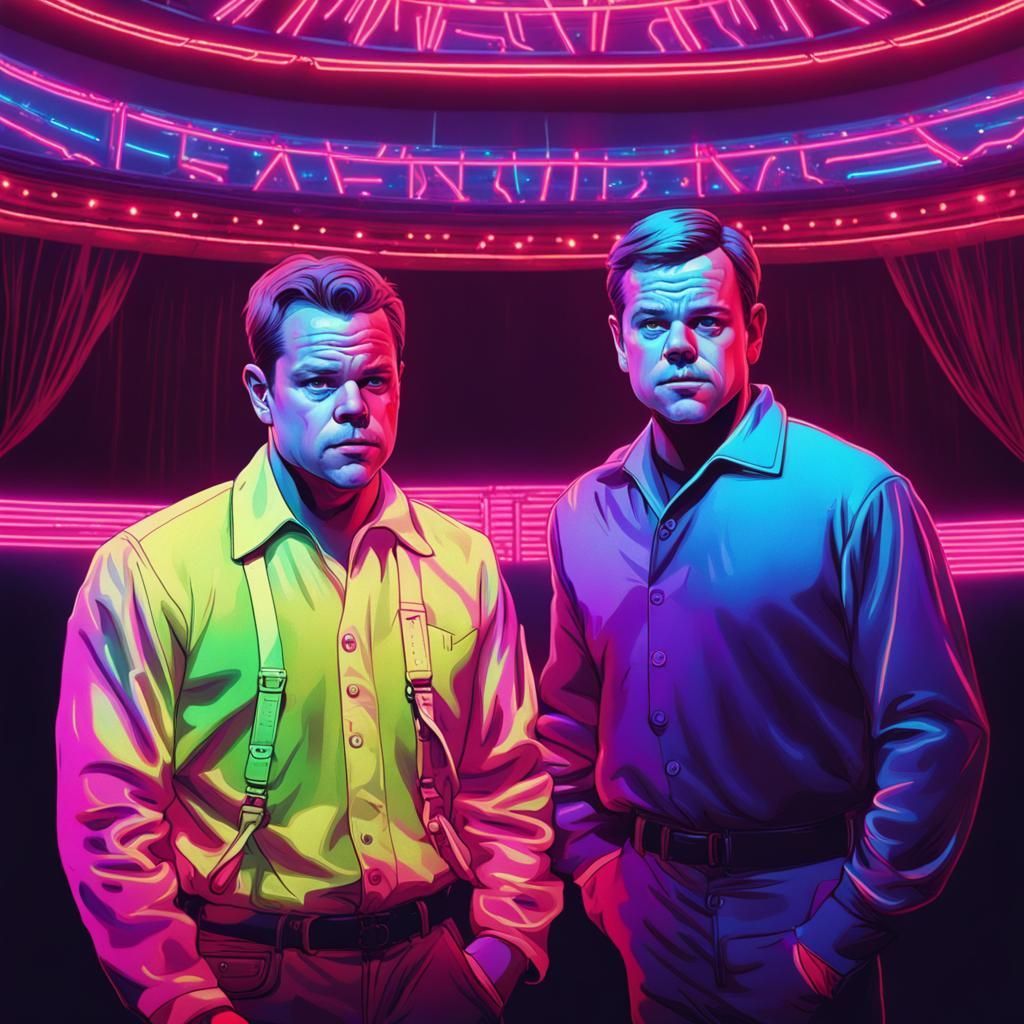 Conjoined Men on Circus Stage in Synthwave Style