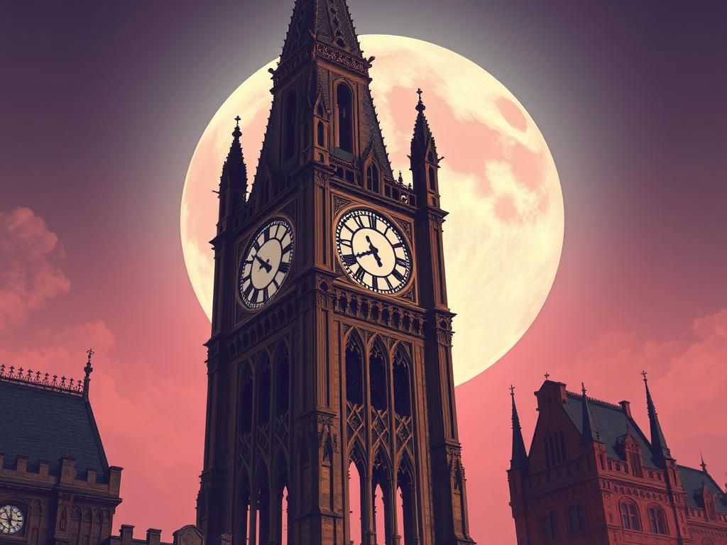 Gothic Clock Tower with Pastel Moon in 8-bit Style