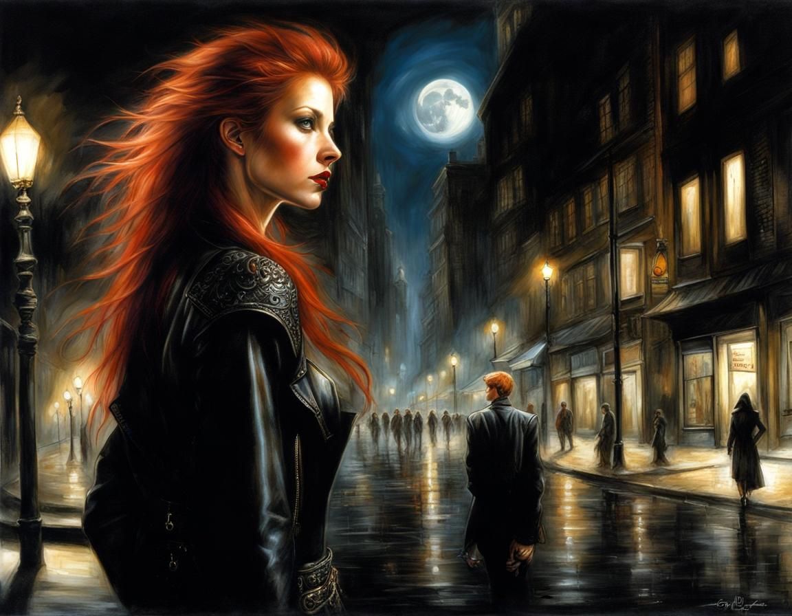 Red-Haired Woman in City Street, Luis Royo Style