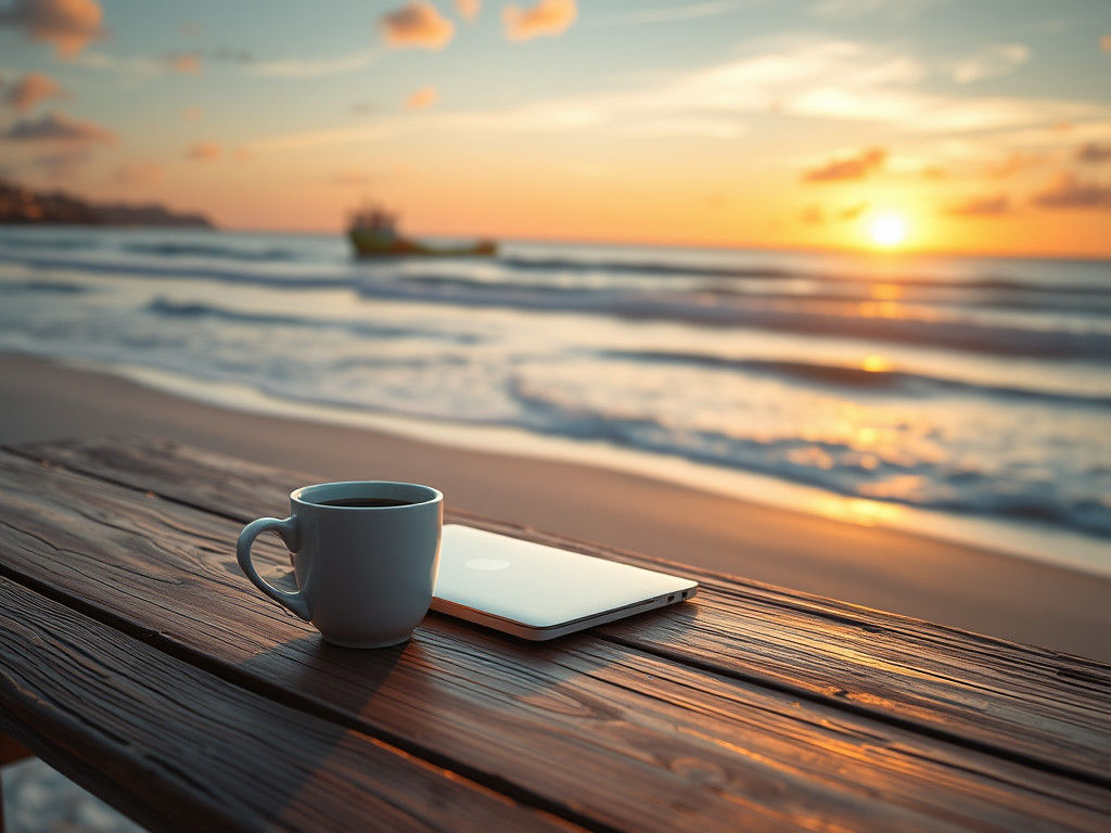 Beach Sunrise: Coffee Cup and Laptop in Hyper-Realism