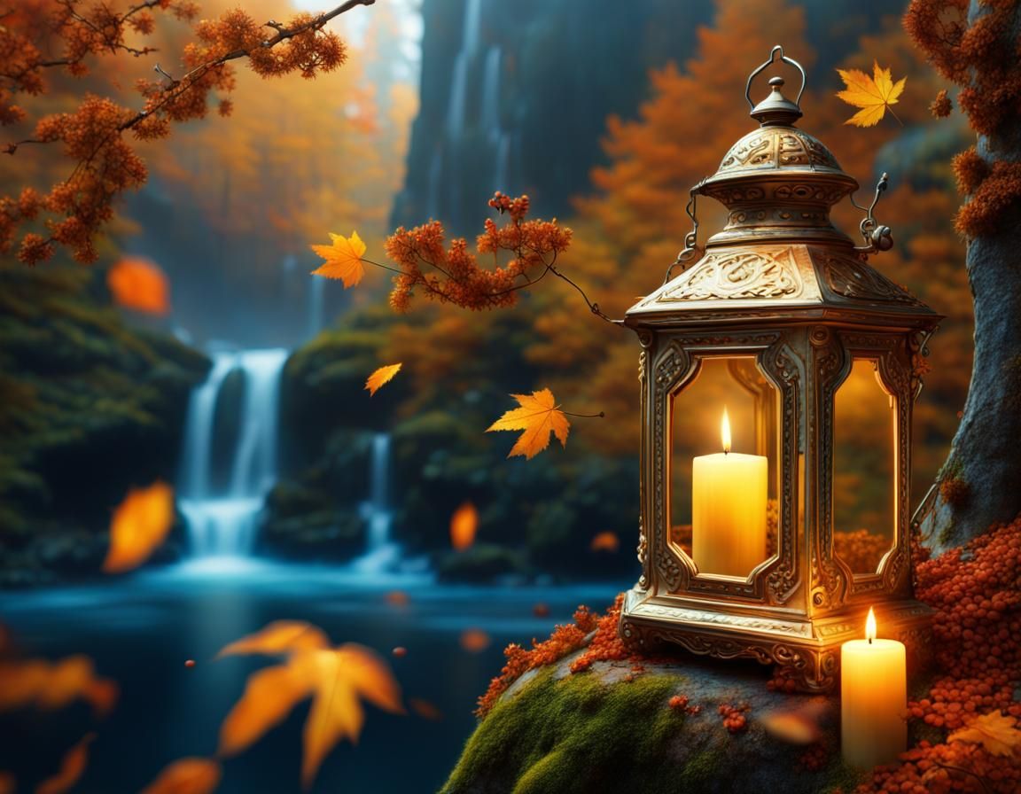 Mystical Autumn Forest Lit by Golden Lanterns