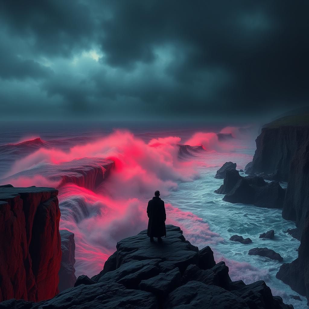 Ominous Figure at Scarlet Sea, in Dark Realism Style