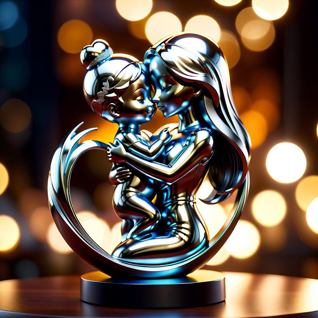 Abstract Metal Sculpture: Mother and Child Embrace