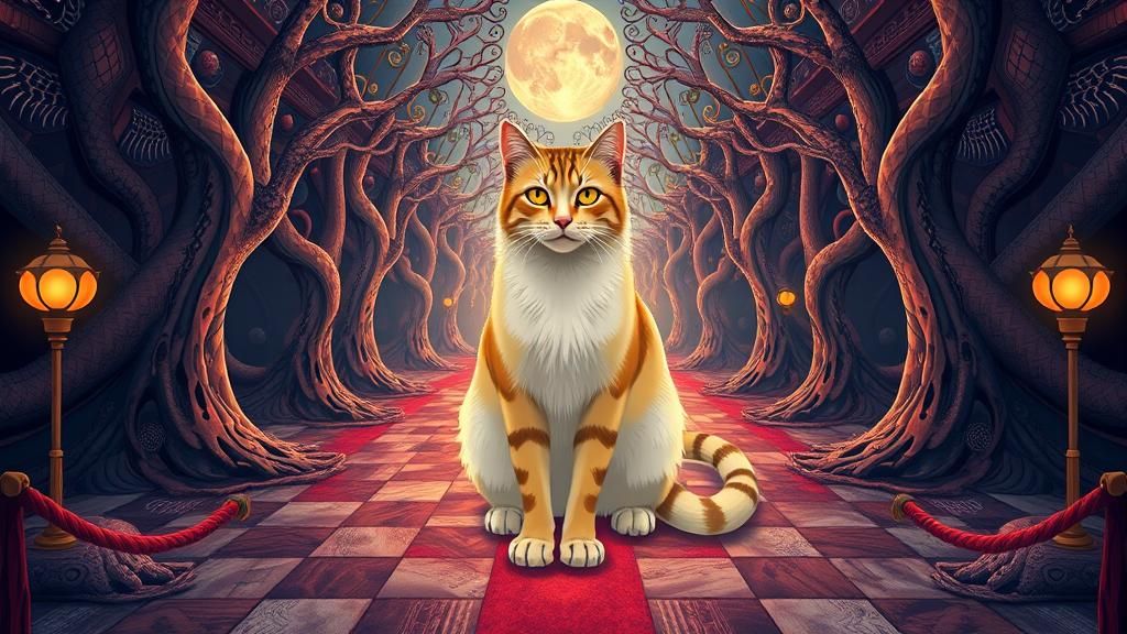 Surreal Symmetrical Cat in Fantasy Landscape: Anime Style