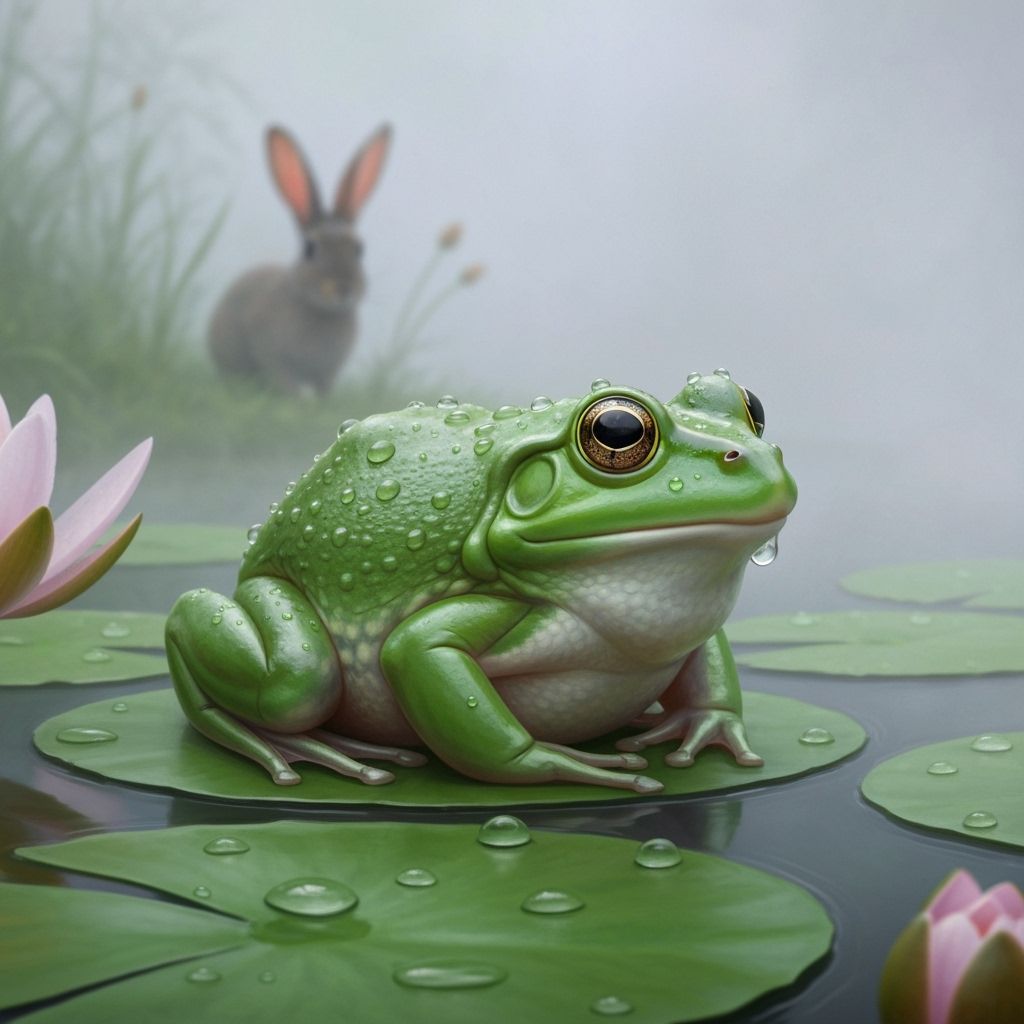 Photorealistic Frog on Lily Pad in Misty Pond