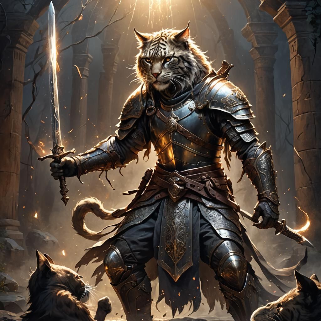 Warrior and Feline Duel in Dreamscape