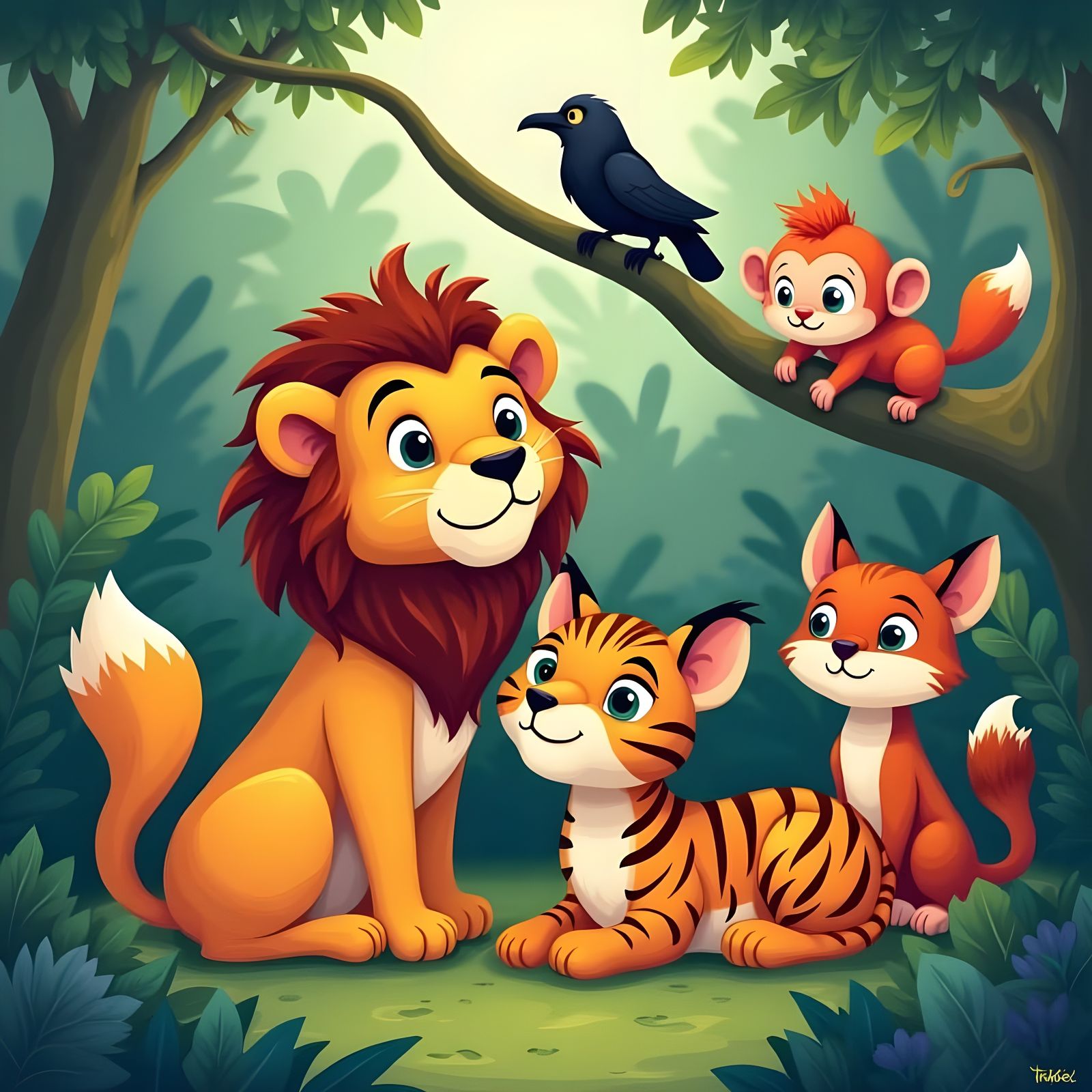 Whimsical Jungle Gathering in Vibrant Cartoon Style