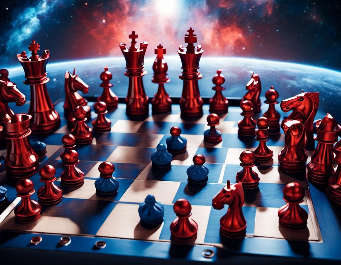Chess Game in Space with Metal Pieces