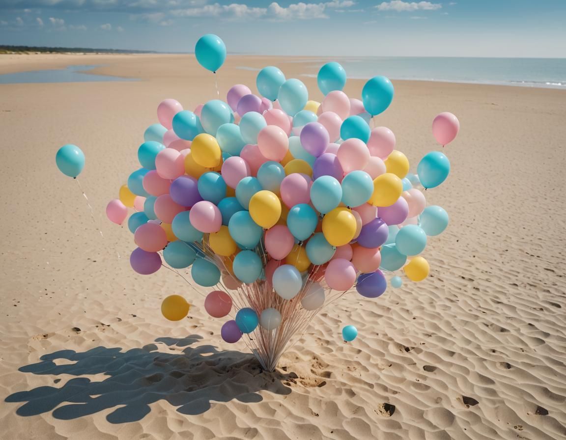 Pastel Balloons Rise Above Sandy Beach