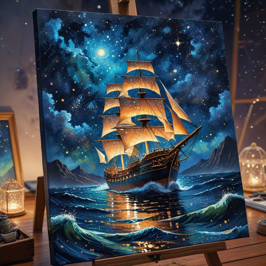 Ship Sails Under Constellations in Gouache Style