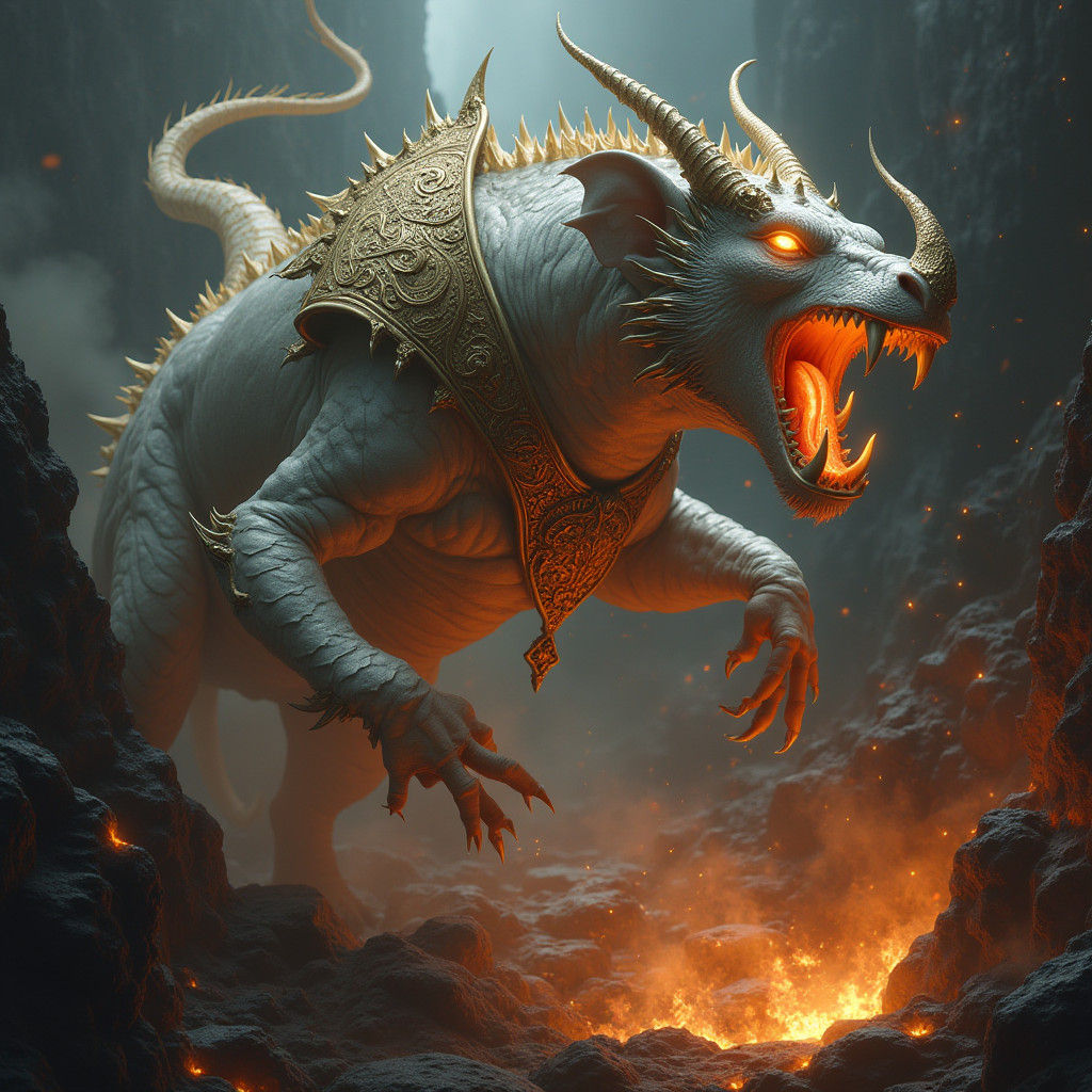 Armored Dragon-Elephant-Tiger Hybrid in Hellish Abyss