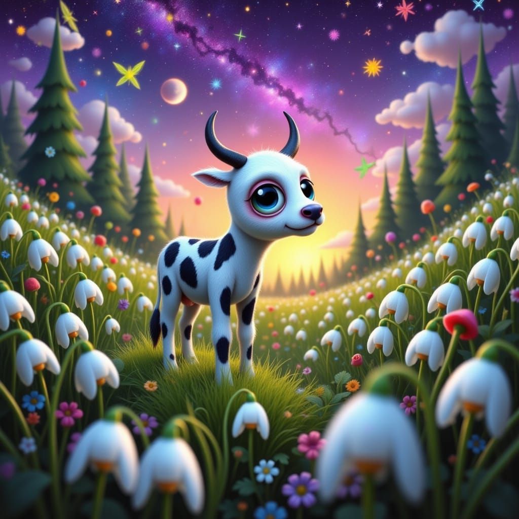 Whimsical Mini Cow Surrounded by Lily of the Valley in Neon ...