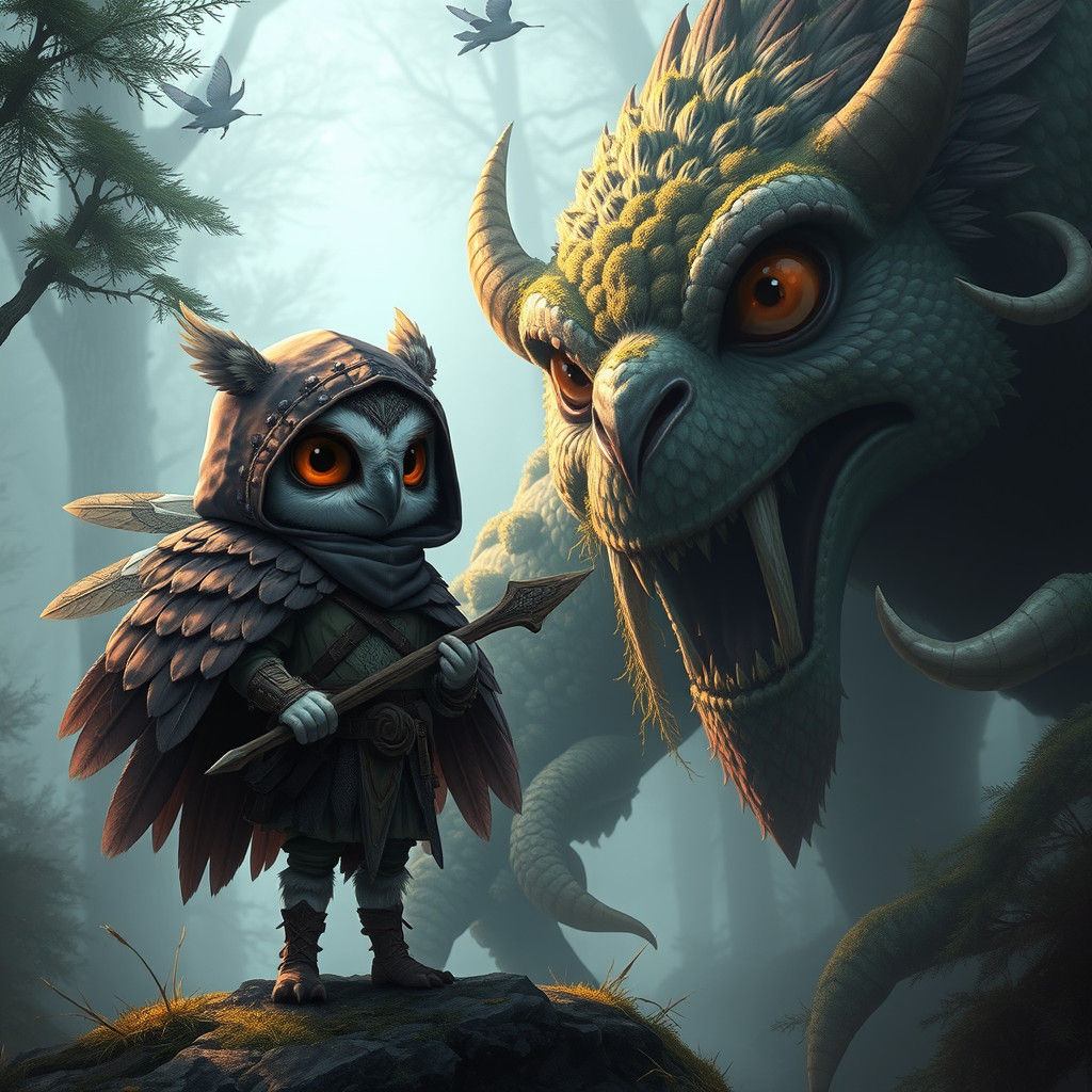 Hooded Owl Hunter and Mythical Beast in Fantasy Forest