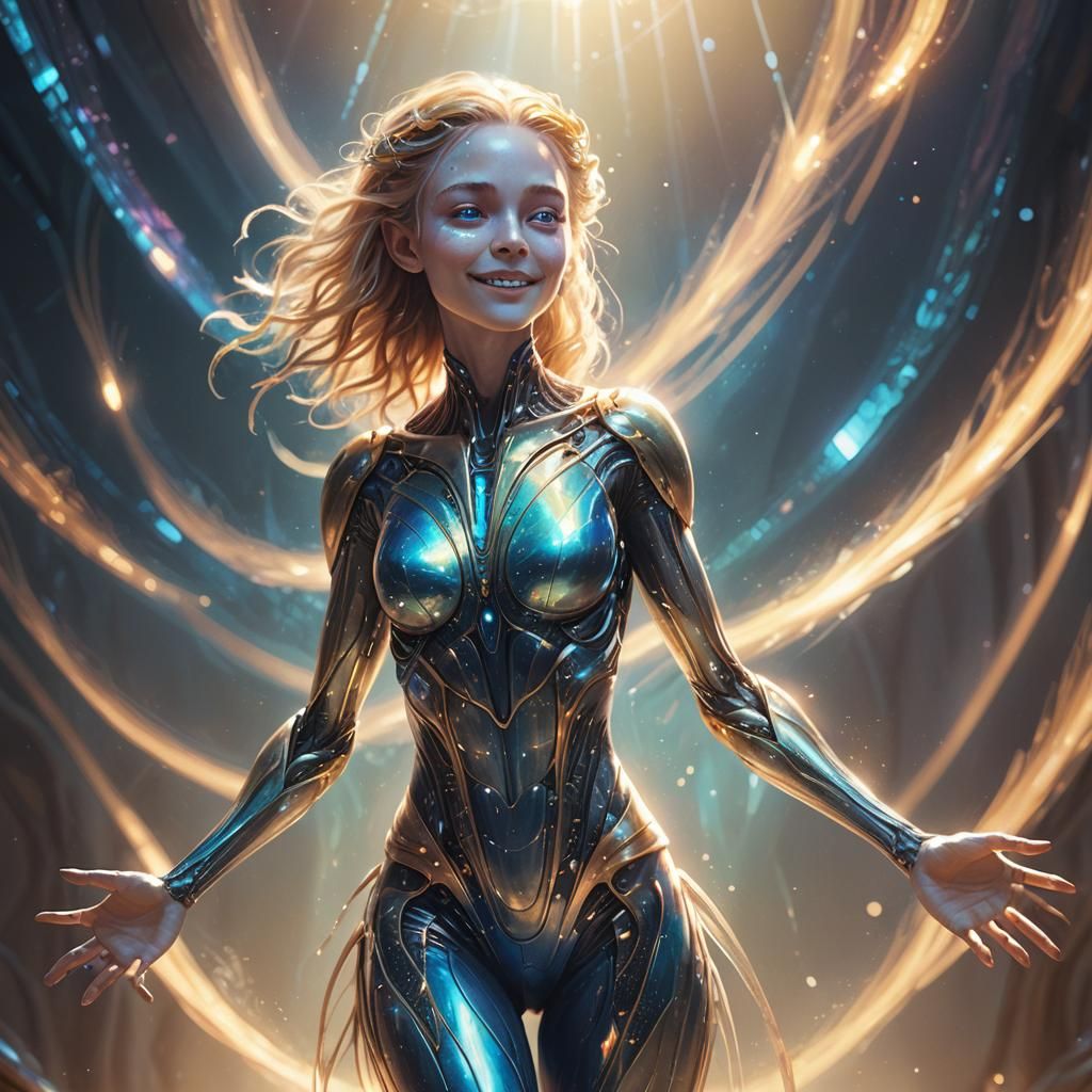 Smiling Alien Girl with Iridescent Eyes, Digital Art