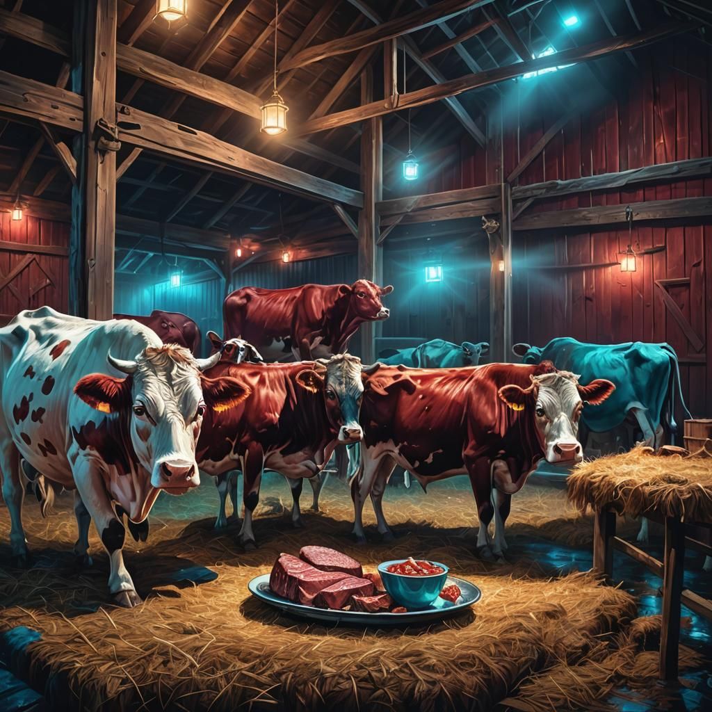 Surreal Cows Feast on Steak in Fantasy Barn