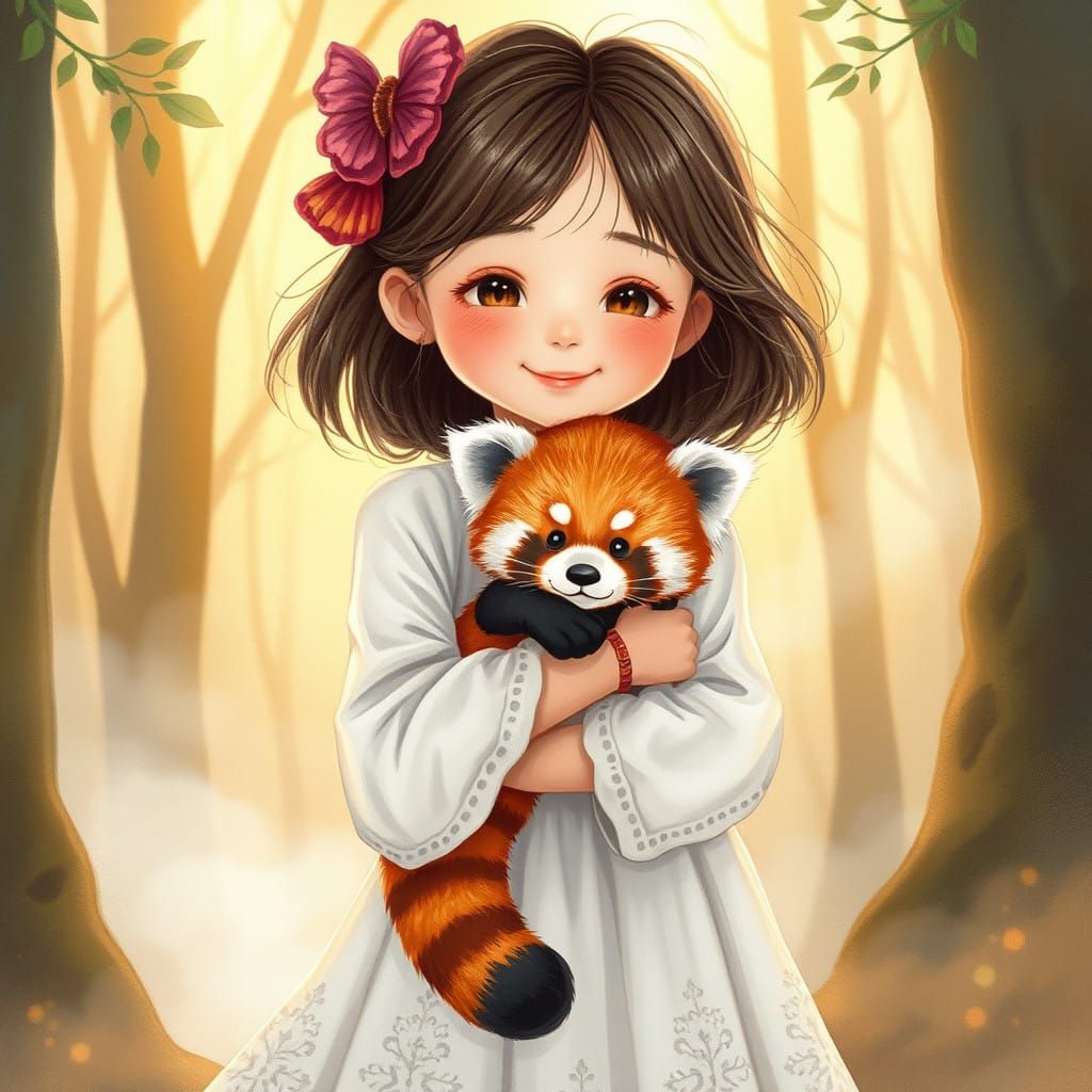 Whimsical Girl and Red Panda in Misty Forest