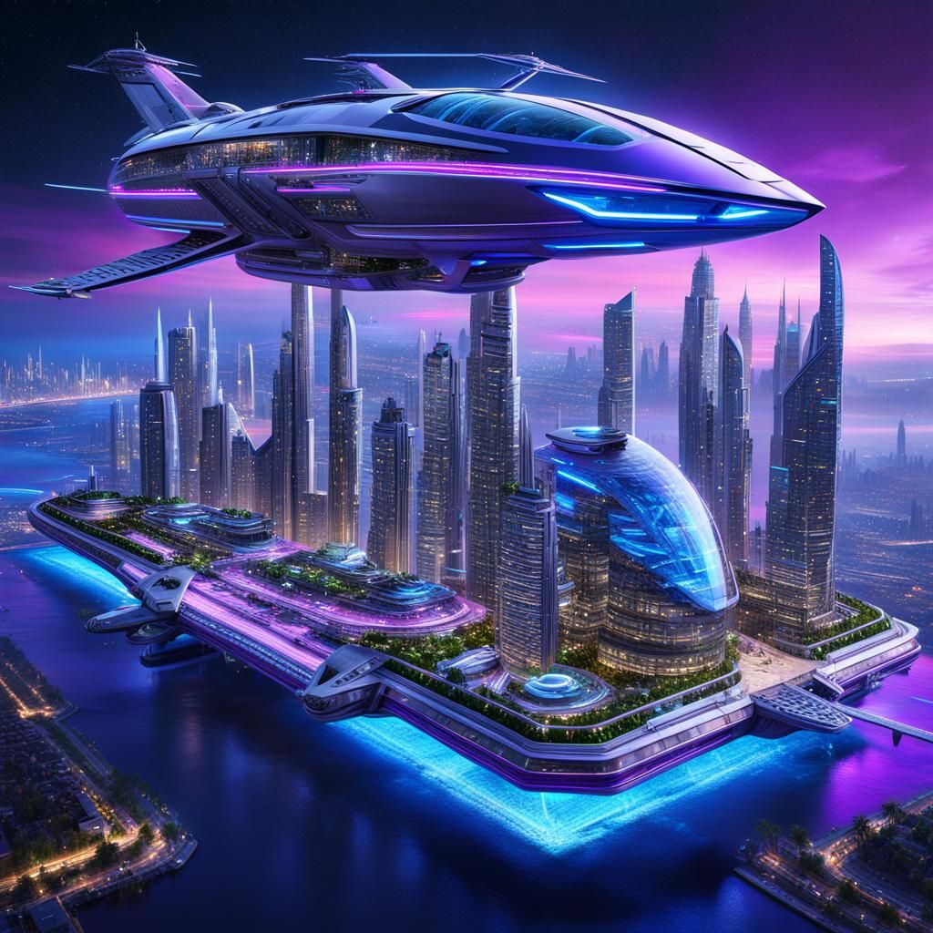 Futuristic Ship Glides Through Neon Cityscape