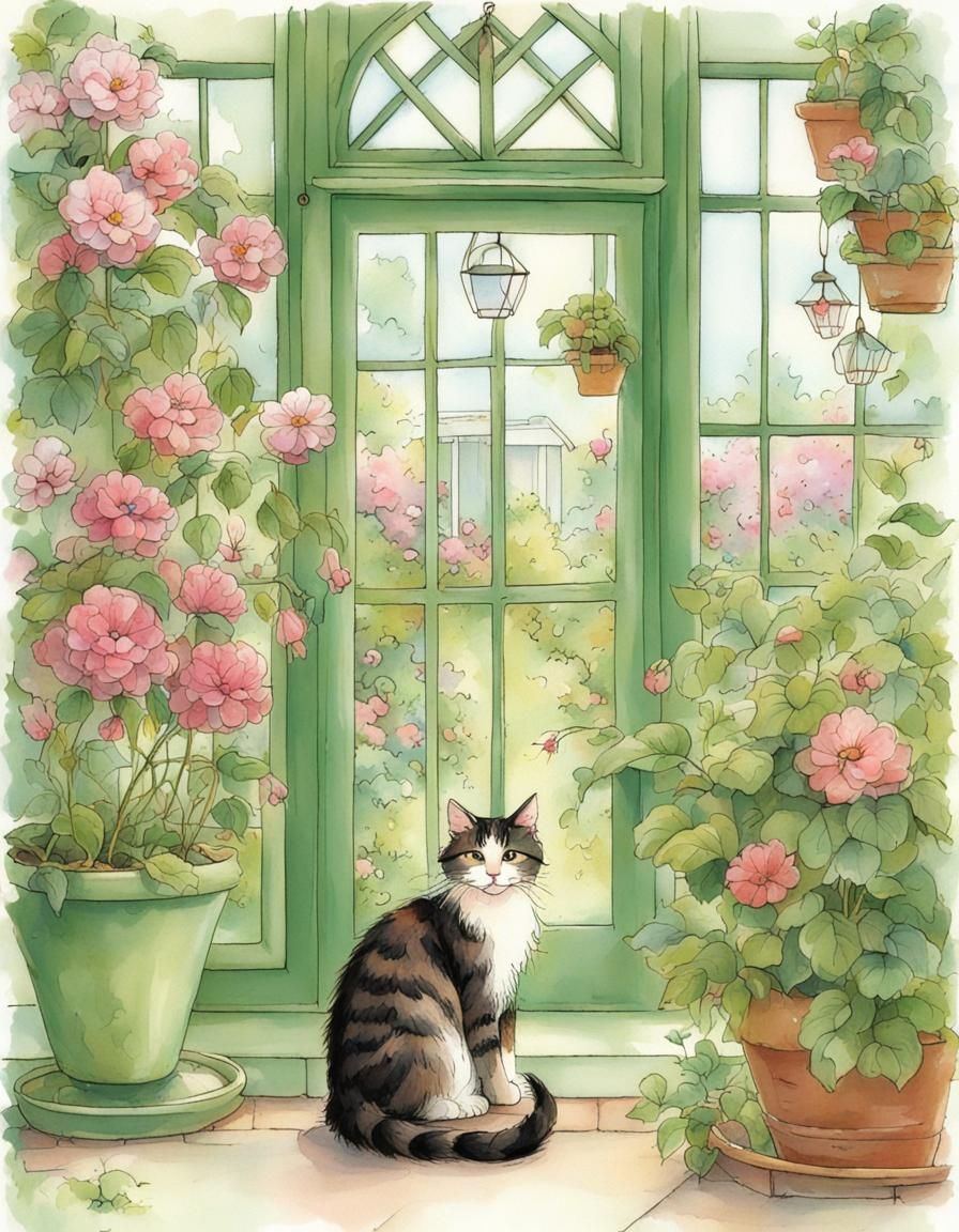 Green House and Cat in Betsey Clark Style