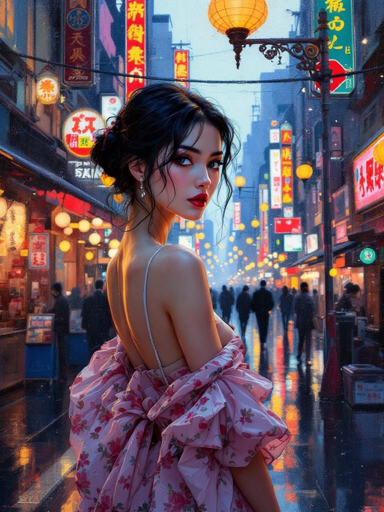 Japanese Woman in Tokyo Street, Encrustique Style