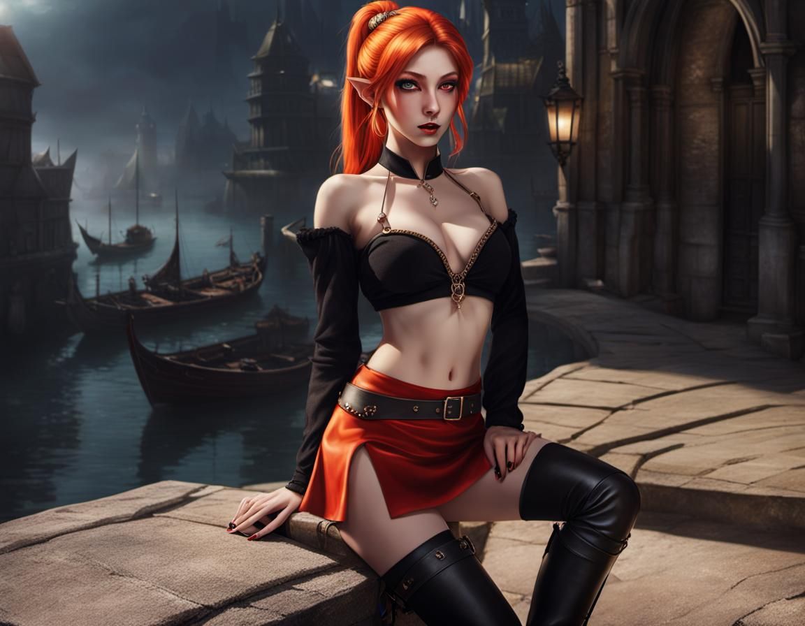 Fantasy Elf in Medieval City Harbor Portrait