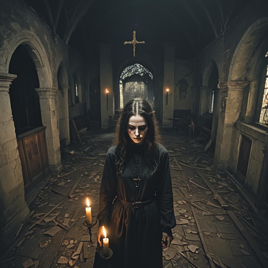 Ominous Figure in Abandoned Church: Surrealist Art
