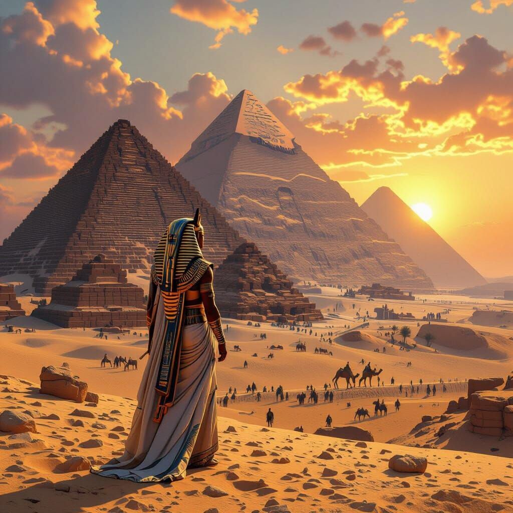 Majestic Pharaoh Before Giza Pyramids at Sunset
