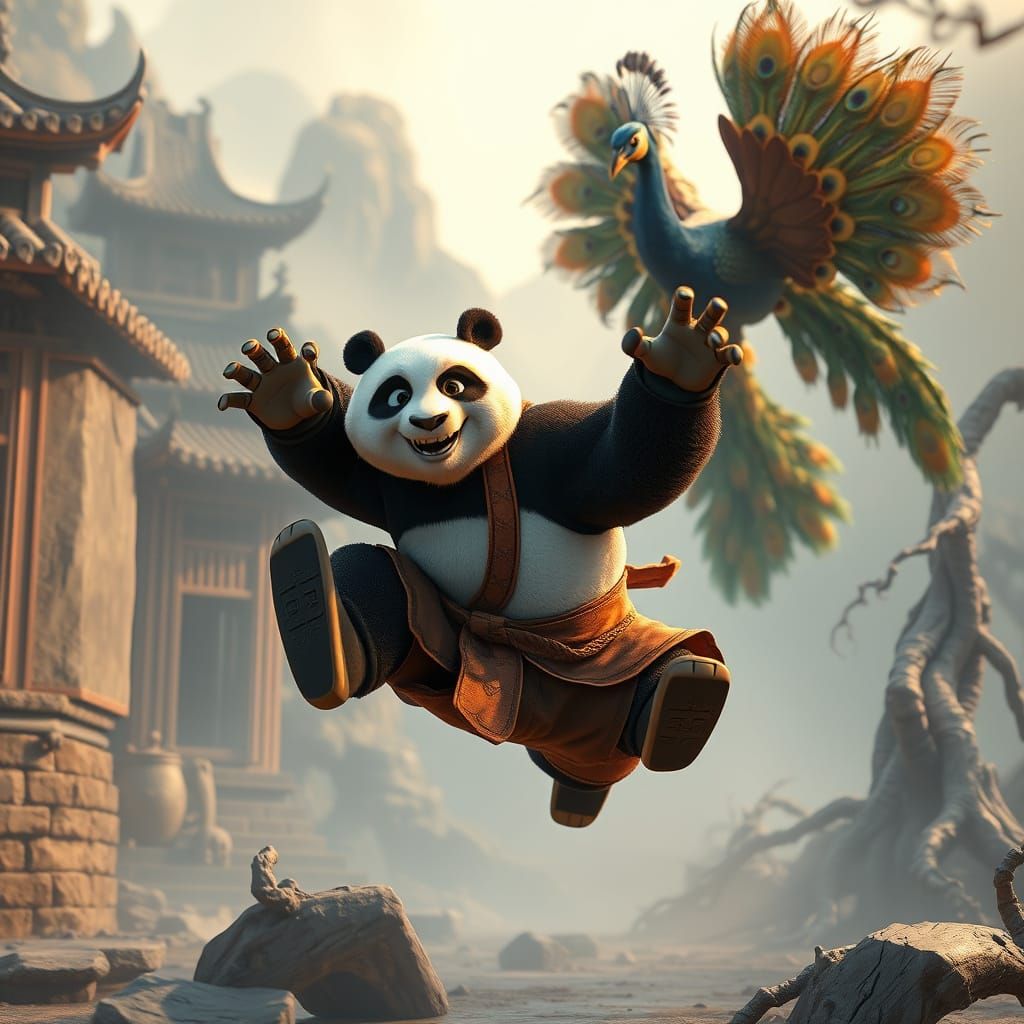 Kung Fu Panda Leaps into Battle with Majestic Peacock