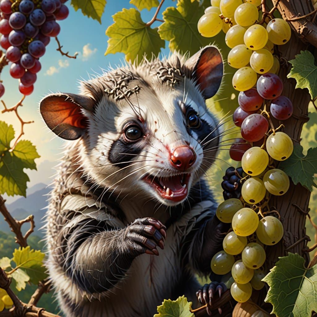 Hyperrealistic Opossum in a Vibrant Grapevine Scene