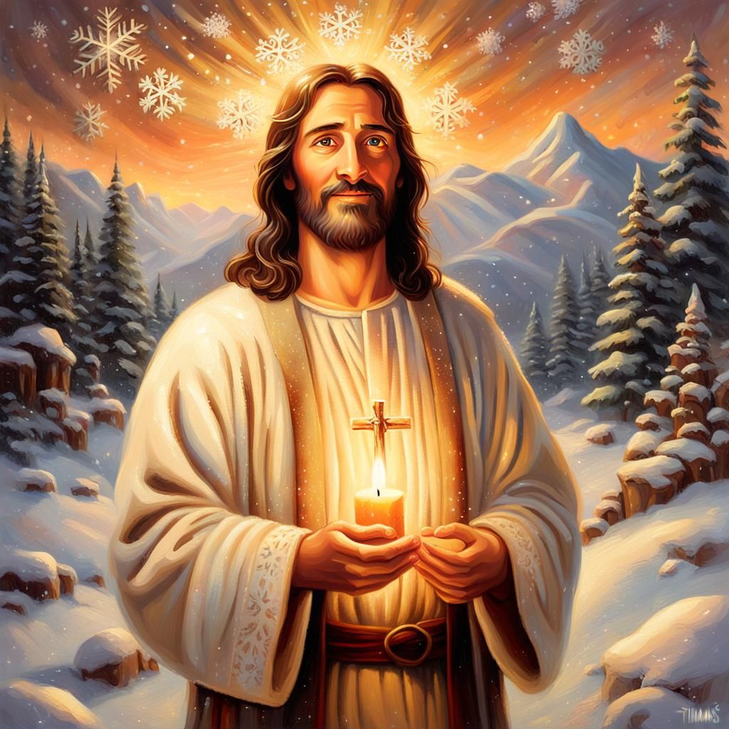 Jesus Christ in Winter Landscape: Kinkade Style Oil Painting
