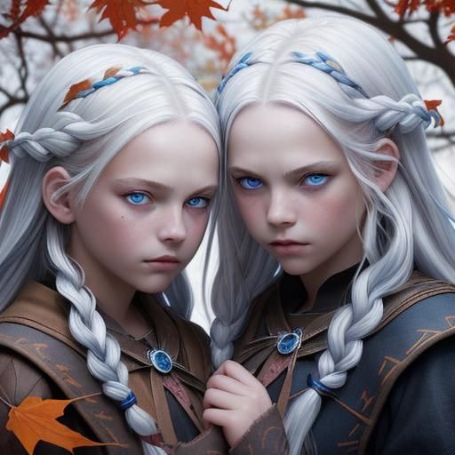 Hyperrealistic Witches Twins in Autumn Leaves