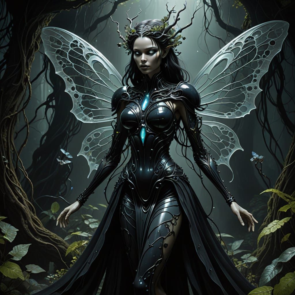 Bioluminescent Fairy in Grotto, HR Giger Style