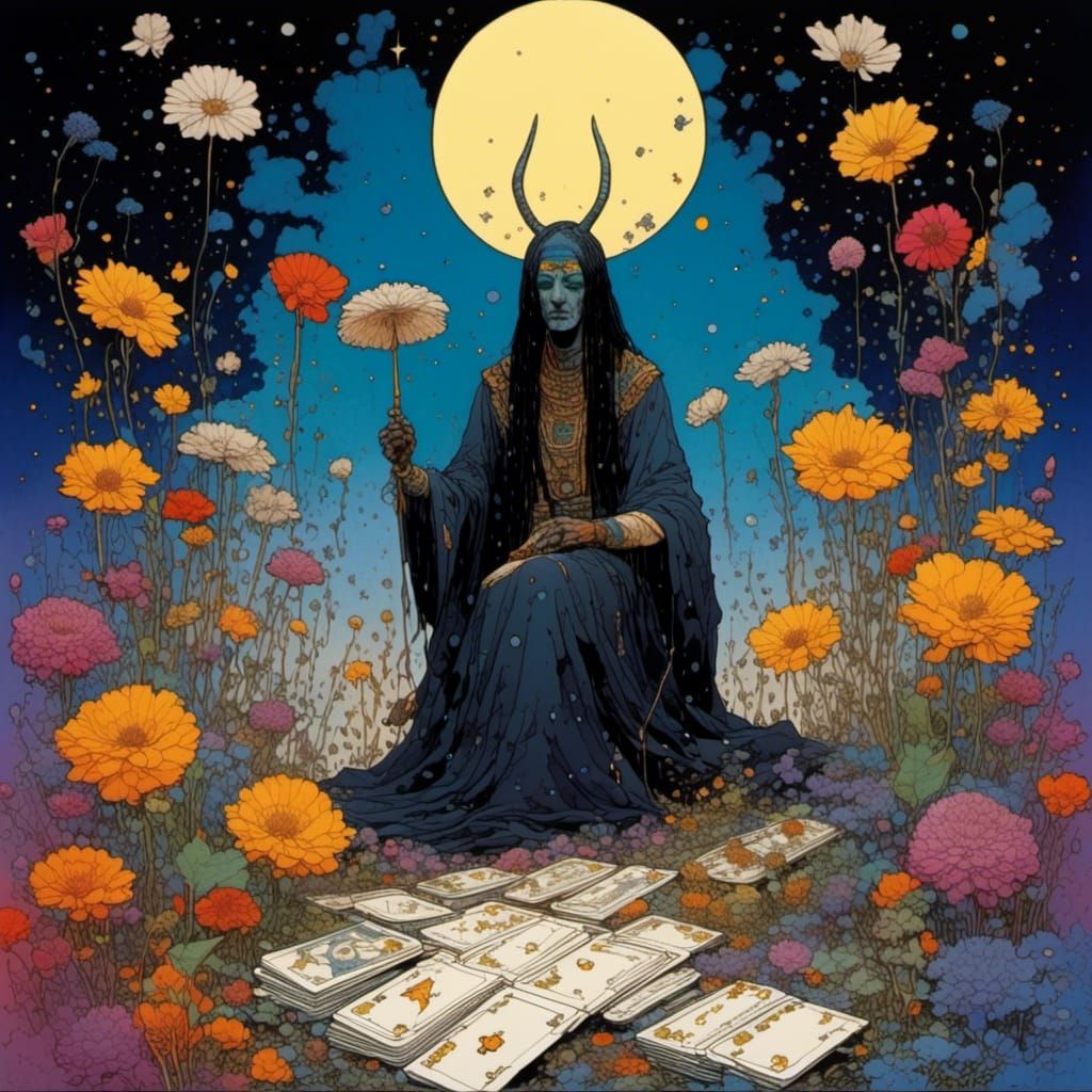 Shaman with Tarot Cards in Moebius Style