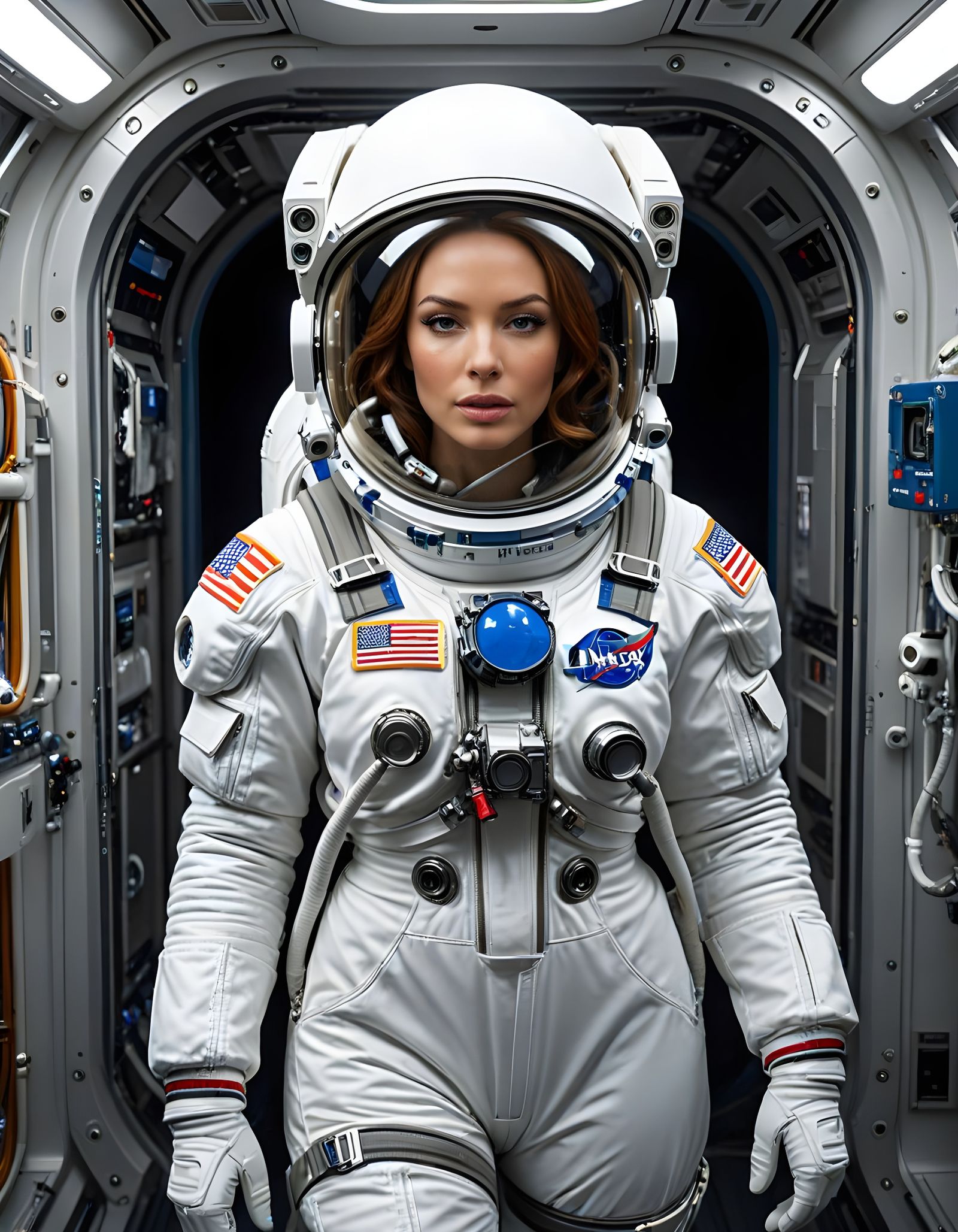 128 A beautiful female astronaut wearing a white spacesuit.