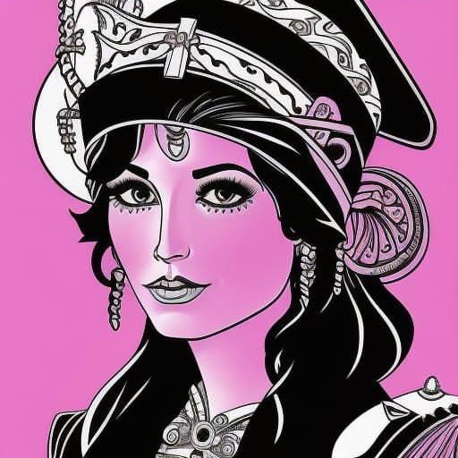 Female Pirate Captain Coloring Page with Pink Accents